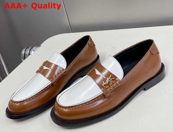 Saint Laurent Le Loafer Penny Slippers in Brown and White Smooth Leather Replica