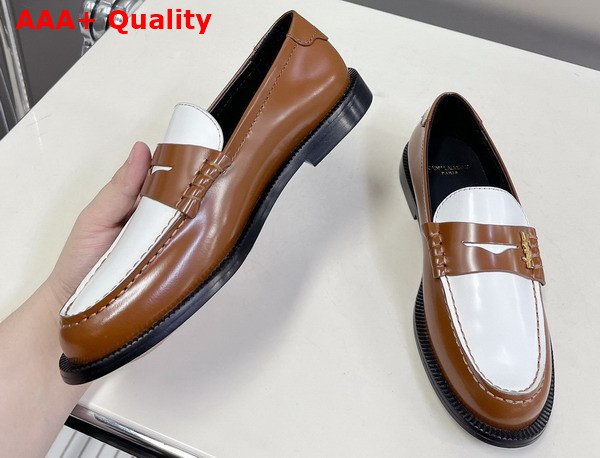 Saint Laurent Le Loafer Penny Slippers in Brown and White Smooth Leather Replica