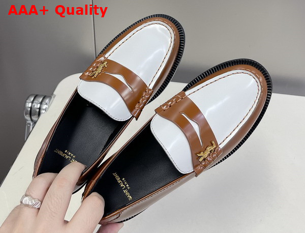 Saint Laurent Le Loafer Penny Slippers in Brown and White Smooth Leather Replica