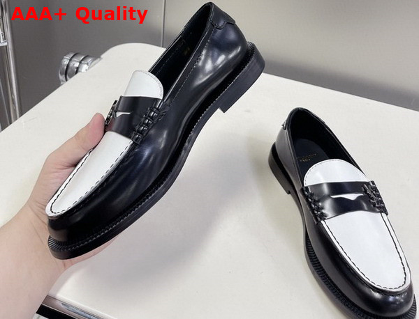 Saint Laurent Le Loafer Penny Slippers in Smooth Leather Black and White Replica