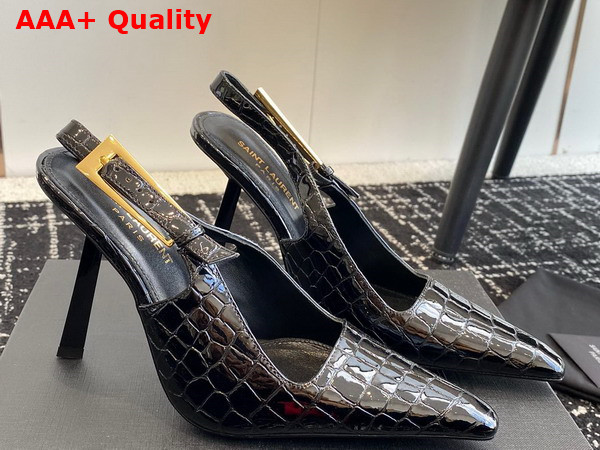 Saint Laurent Lee Slingback Pumps in Black Crocodile Embossed Leather Replica
