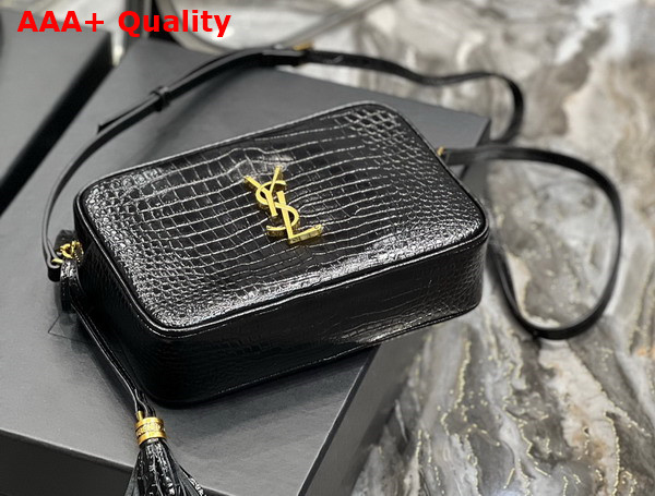 Saint Laurent Lou Camera Bag in Crocodile Embossed Shiny Leather Black Replica
