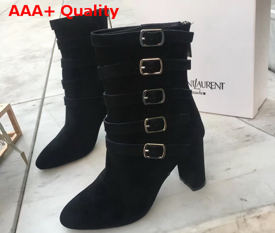Saint Laurent Lou Suede Ankle Boots with Multiple Buckles Black Replica