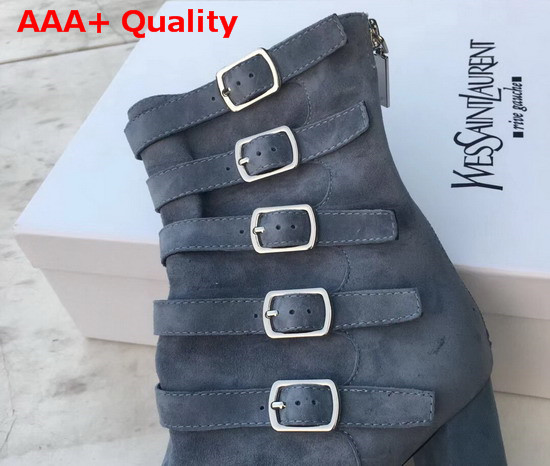 Saint Laurent Lou Suede Ankle Boots with Multiple Buckles Light Blue Replica
