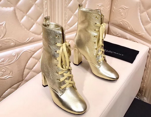 Saint Laurent Loulou 95 Lace Up Boot in Light Gold Grained Leather For Sale