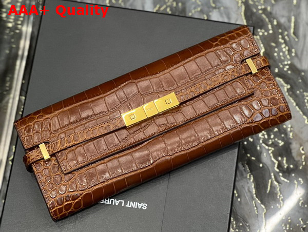 Saint Laurent Manhattan Clutch in Dark Caramel Crocodile Embossed Leather Replica