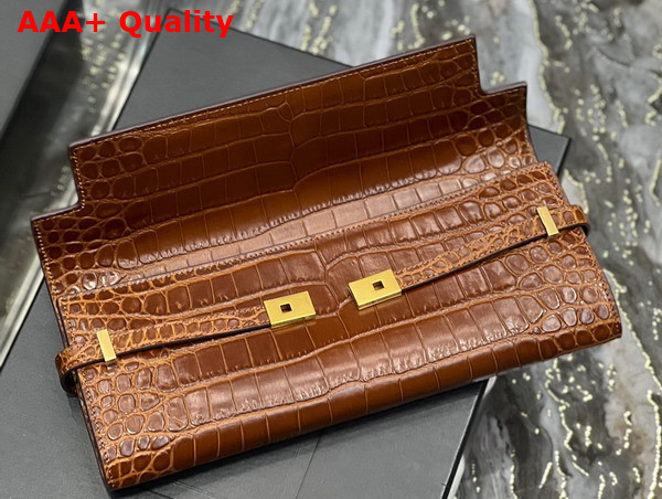 Saint Laurent Manhattan Clutch in Dark Caramel Crocodile Embossed Leather Replica
