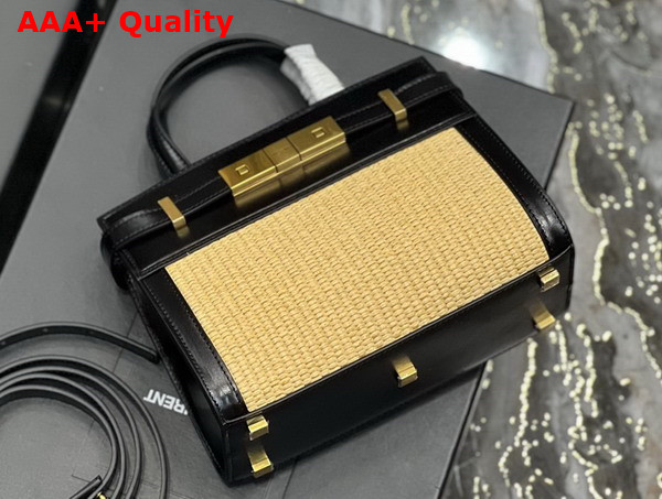 Saint Laurent Manhattan Nano Shopping Bag in Beige Raffia and Black Smooth Leather Replica