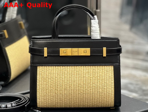 Saint Laurent Manhattan Nano Shopping Bag in Beige Raffia and Black Smooth Leather Replica