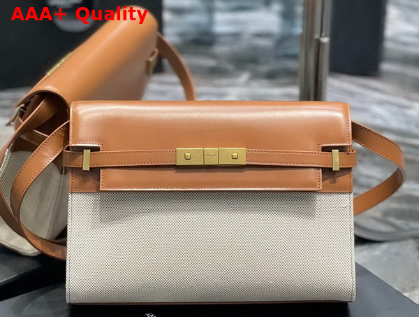 Saint Laurent Manhattan Shoulder Bag in Canvas and Leather Natural Beige and Brick Replica