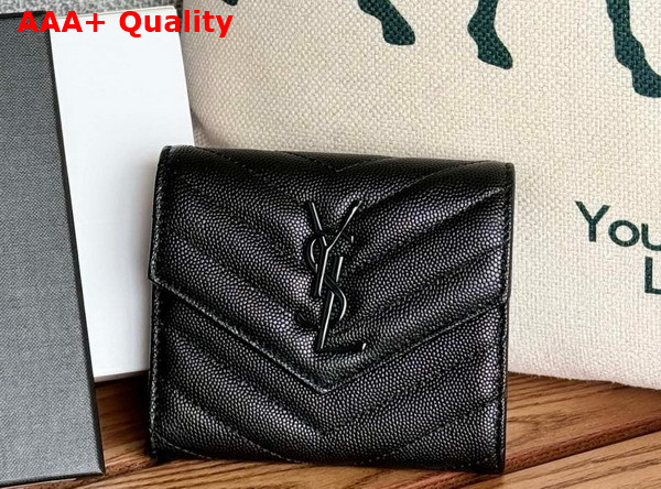 Saint Laurent Matelasse Compact Tri Fold Wallet in Black Grain de Poudre Leather Replica