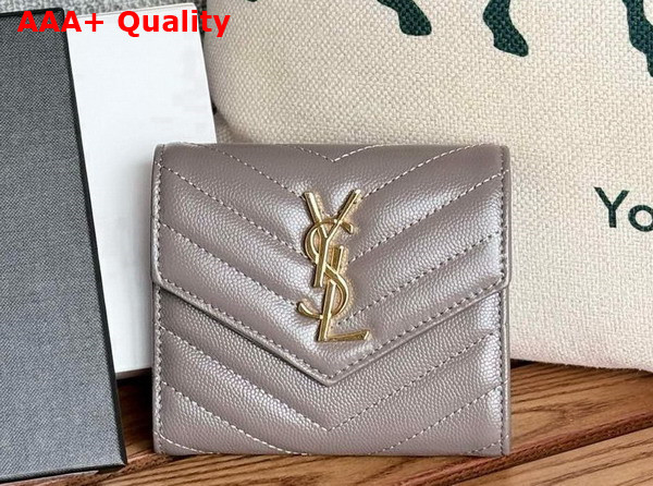Saint Laurent Matelasse Compact Tri Fold Wallet in Fog Grain de Poudre Leather Replica