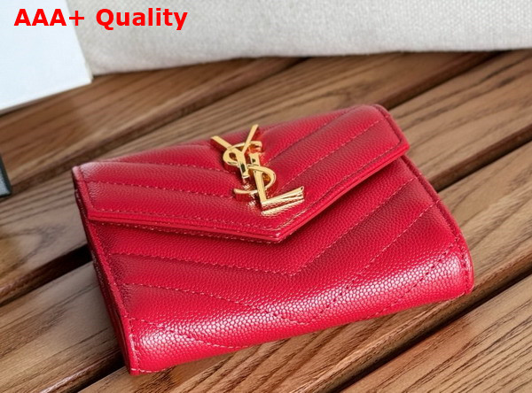 Saint Laurent Matelasse Compact Tri Fold Wallet in Red Grain de Poudre Leather Replica