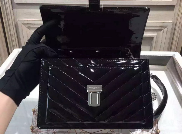 Saint Laurent Medium High School Bag in Black Patent Leather with Silver Lock for Sale