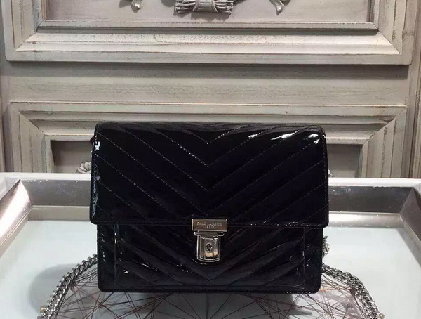 Saint Laurent Medium High School Bag in Black Patent Leather with Silver Lock for Sale