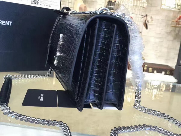 Saint Laurent Medium Sunset Bag in Black Crocodile Embossed Shiny Leather For Sale