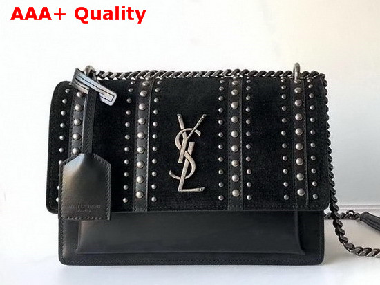 Saint Laurent Medium Sunset Bag in Black Suede and Smooth Leather and Studs Replica
