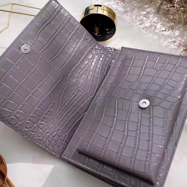 Saint Laurent Medium Sunset Bag in Grey Crocodile Embossed Shiny Leather For Sale