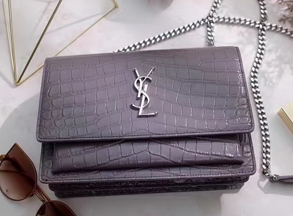 Saint Laurent Medium Sunset Bag in Grey Crocodile Embossed Shiny Leather For Sale
