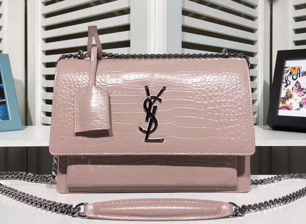 Saint Laurent Medium Sunset Bag in Light Pink Crocodile Embossed Shiny Leather For Sale