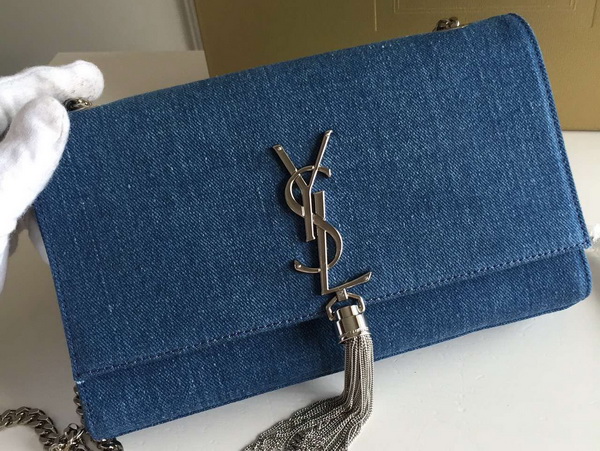 Saint Laurent Medium Tassel Satchel Blue Denim Fabric for Sale
