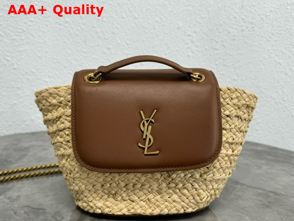 Saint Laurent Mini Manon in Raffia and Aged Vegetable Tanned Leather Naturel and Brick Replica
