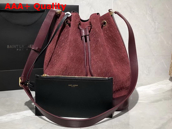 Saint Laurent Monogram All Over Bucket Bag in Burgundy Suede Calfskin Leather Replica