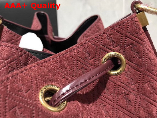 Saint Laurent Monogram All Over Bucket Bag in Burgundy Suede Calfskin Leather Replica