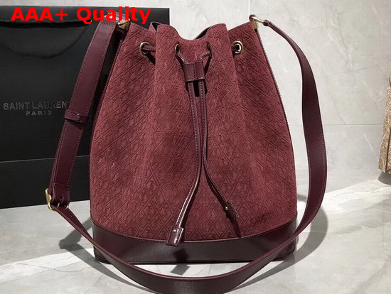 Saint Laurent Monogram All Over Bucket Bag in Burgundy Suede Calfskin Leather Replica