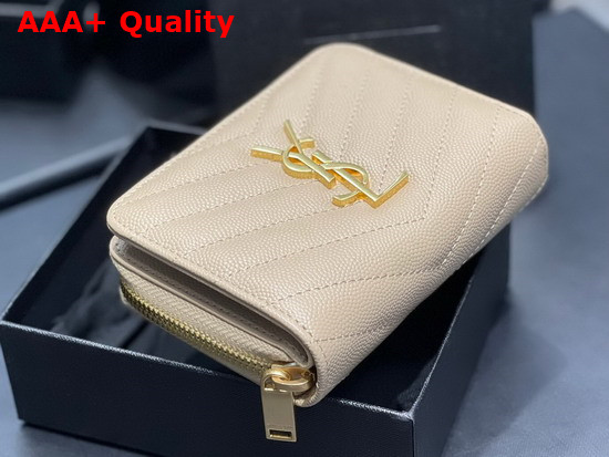 Saint Laurent Monogram Compact Zip Around Wallet in Grain de Poudre Embossed Leather Beige Replica