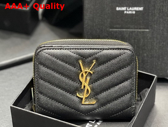 Saint Laurent Monogram Compact Zip Around Wallet in Grain de Poudre Embossed Leather Black Replica