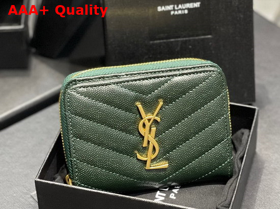 Saint Laurent Monogram Compact Zip Around Wallet in Grain de Poudre Embossed Leather Khaki Green Replica