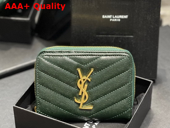Saint Laurent Monogram Compact Zip Around Wallet in Grain de Poudre Embossed Leather Khaki Green Replica