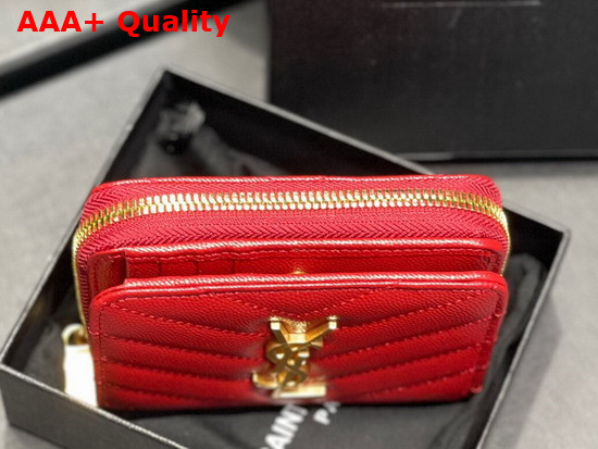 Saint Laurent Monogram Compact Zip Around Wallet in Red Quilted Grained Leather Replica