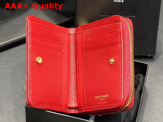 Saint Laurent Monogram Compact Zip Around Wallet in Red Quilted Grained Leather Replica