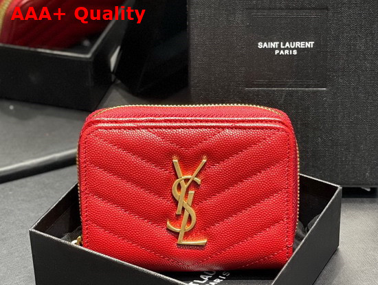Saint Laurent Monogram Compact Zip Around Wallet in Red Quilted Grained Leather Replica