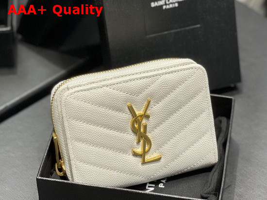 Saint Laurent Monogram Compact Zip Around Wallet in White Grain de Poudre Embossed Leather Replica