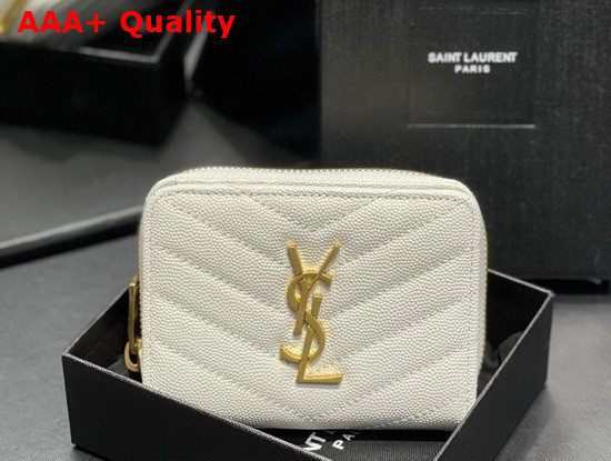 Saint Laurent Monogram Compact Zip Around Wallet in White Grain de Poudre Embossed Leather Replica