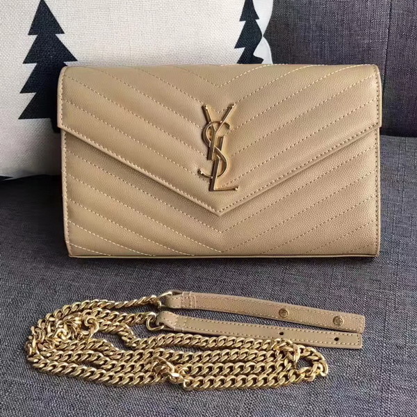 Saint Laurent Monogram Envelope Chain Wallet in Beige Grain De Poudre Textured Matelasse Leather with Gold Metal For Sale