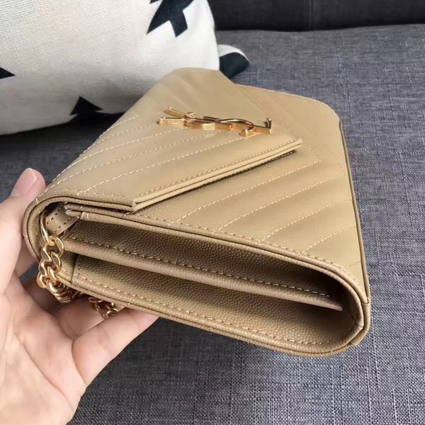 Saint Laurent Monogram Envelope Chain Wallet in Beige Grain De Poudre Textured Matelasse Leather with Gold Metal For Sale