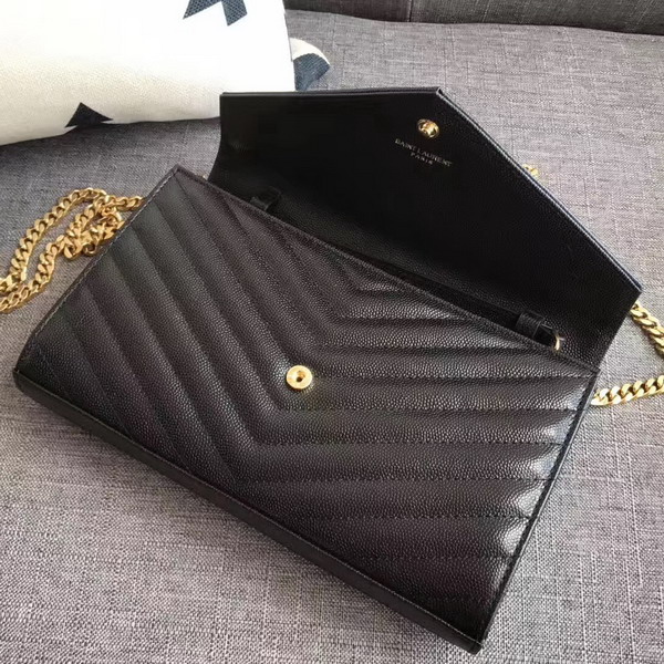 Saint Laurent Monogram Envelope Chain Wallet in Black Grain De Poudre Textured Matelasse Leather with Gold Hardwares For Sale