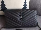 Saint Laurent Monogram Envelope Chain Wallet in Black Grain De Poudre Textured Matelasse Leather with Gun Metal For Sale