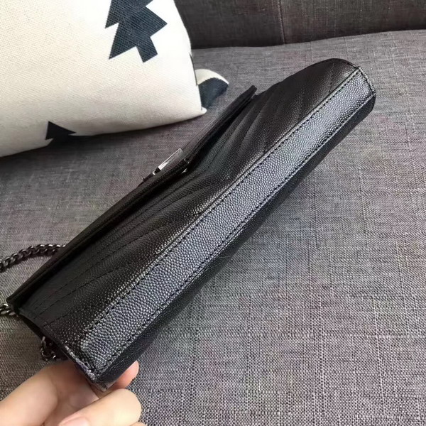 Saint Laurent Monogram Envelope Chain Wallet in Black Grain De Poudre Textured Matelasse Leather with Gun Metal For Sale
