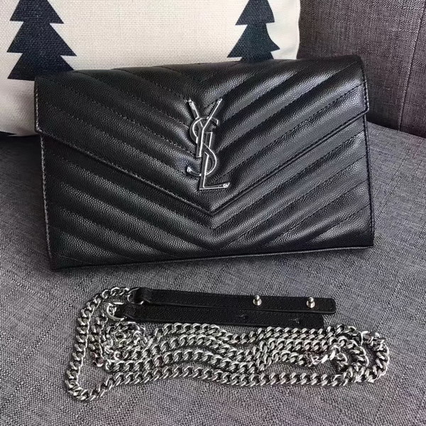 Saint Laurent Monogram Envelope Chain Wallet in Black Grain De Poudre Textured Matelasse Leather with Silver Hardwares For Sale