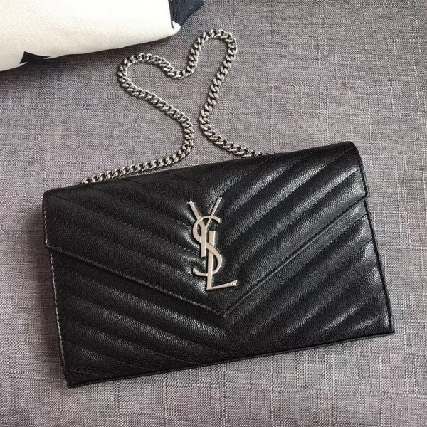 Saint Laurent Monogram Envelope Chain Wallet in Black Grain De Poudre Textured Matelasse Leather with Silver Hardwares For Sale