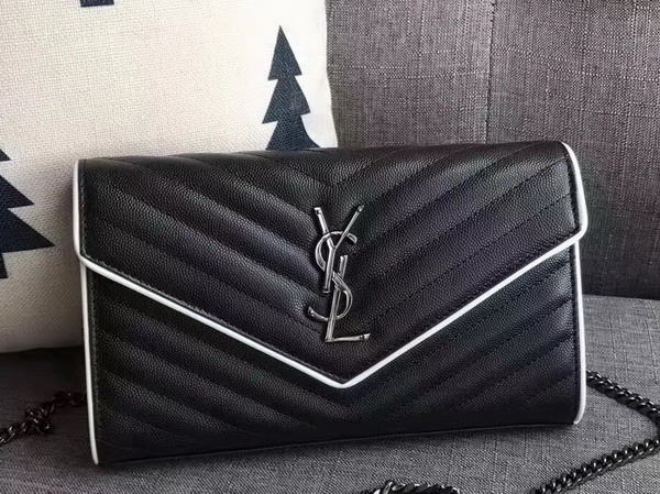 Saint Laurent Monogram Envelope Chain Wallet in Black and White Grain De Poudre Textured Matelasse Leather with Gun Metal For Sale