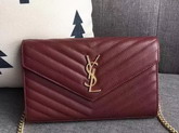 Saint Laurent Monogram Envelope Chain Wallet in Dark Red Grain De Poudre Textured Matelasse Leather with Gold Hardwares For Sale