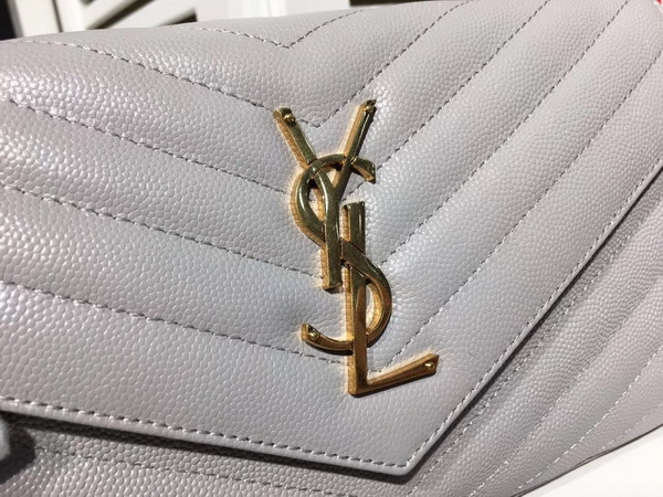 Saint Laurent Monogram Envelope Chain Wallet in Light Grey Grain De Poudre Textured Matelasse Leather with Gold Hardwares For Sale