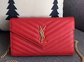 Saint Laurent Monogram Envelope Chain Wallet in Red Grain De Poudre Textured Matelasse Leather with Gold Hardwares For Sale