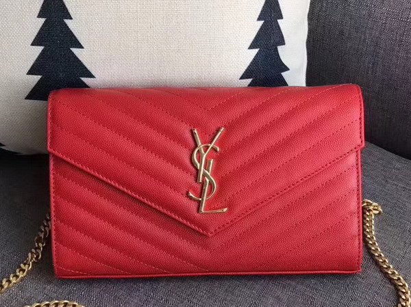 Saint Laurent Monogram Envelope Chain Wallet in Red Grain De Poudre Textured Matelasse Leather with Gold Hardwares For Sale